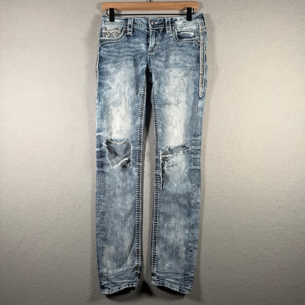 Rock Revival Raven Straight Distressed Jeans Light Wash Rhinestone Size 27
